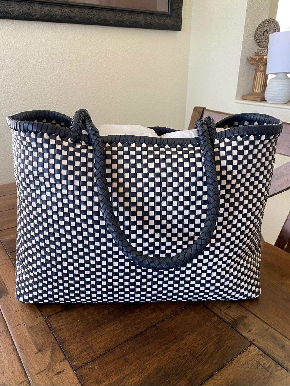 Madewell Navy and White Woven Check Tote